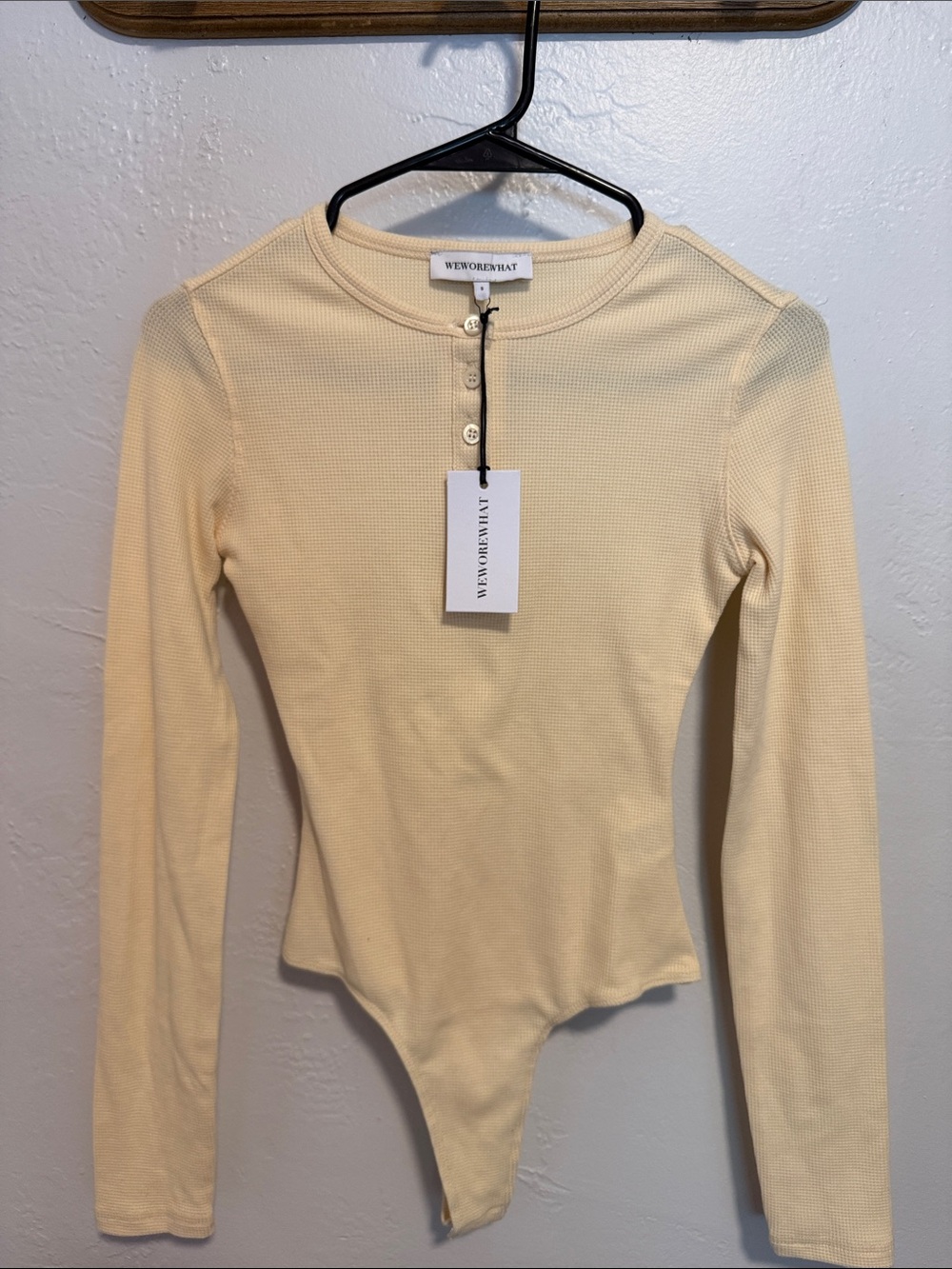 WeWoreWhat Pale Yellow Ribbed Long-Sleeve Henley Bodysuit